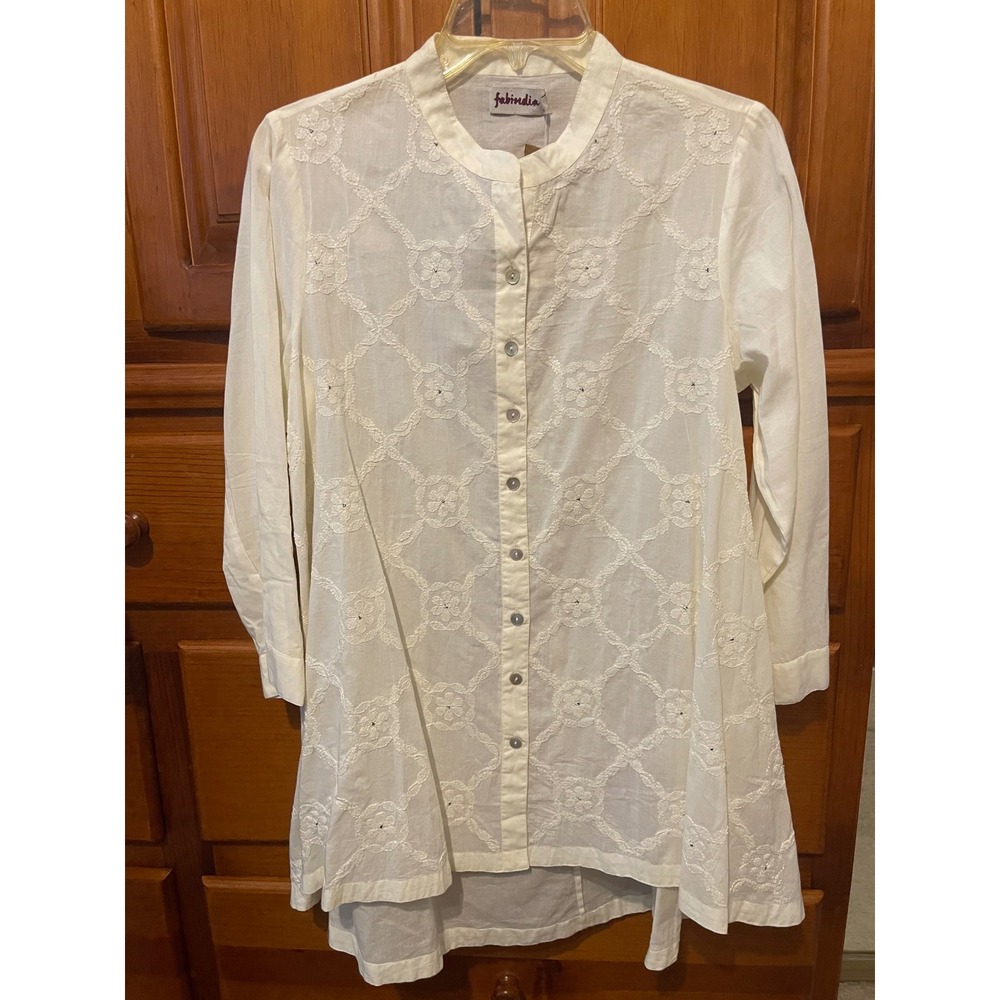 Fabindia Chikankari Embroidered Cotton Tunic Ivory India Boho Whimsy Size L NWT